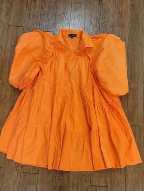 Bright Orange Puff Sleeve Tiered Mini Dress